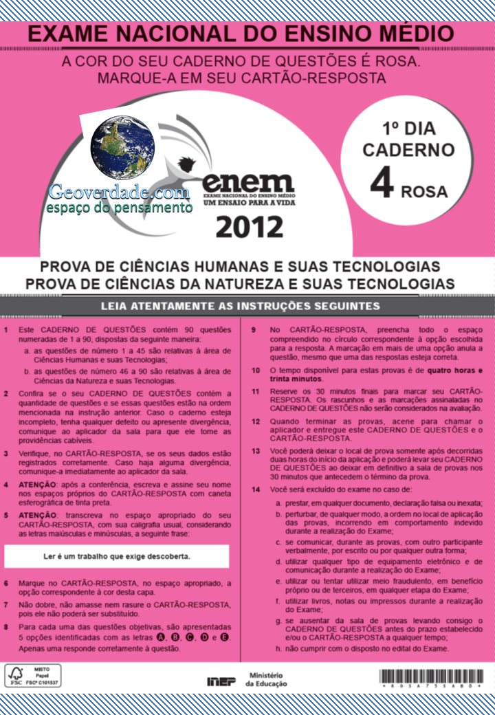 ENEM 2012 – PROVA E GABARITO DE CIÊNCIAS&nbsp;HUMANAS